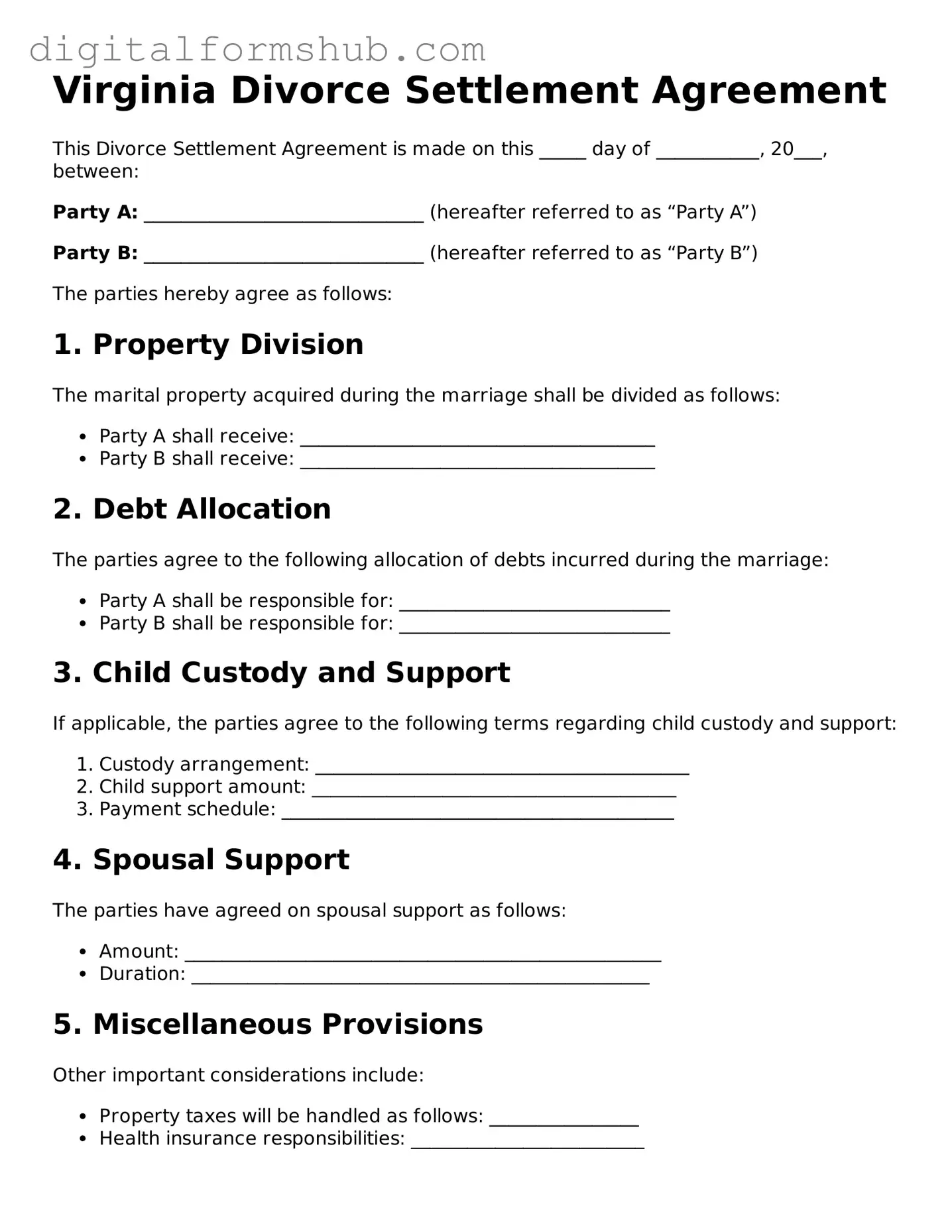 Official Divorce Settlement Agreement Template for the State of Virginia