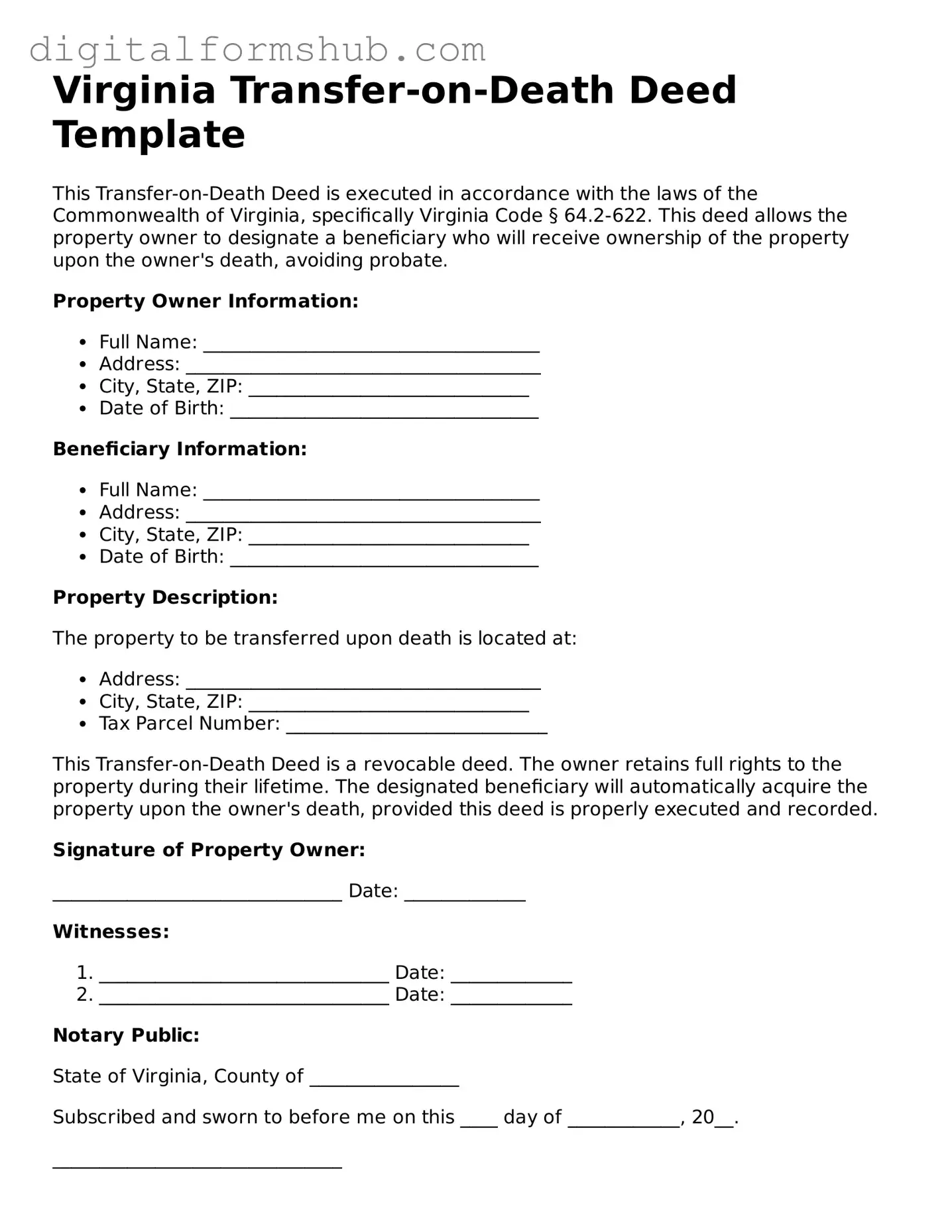 Official Transfer-on-Death Deed Template for the State of Virginia