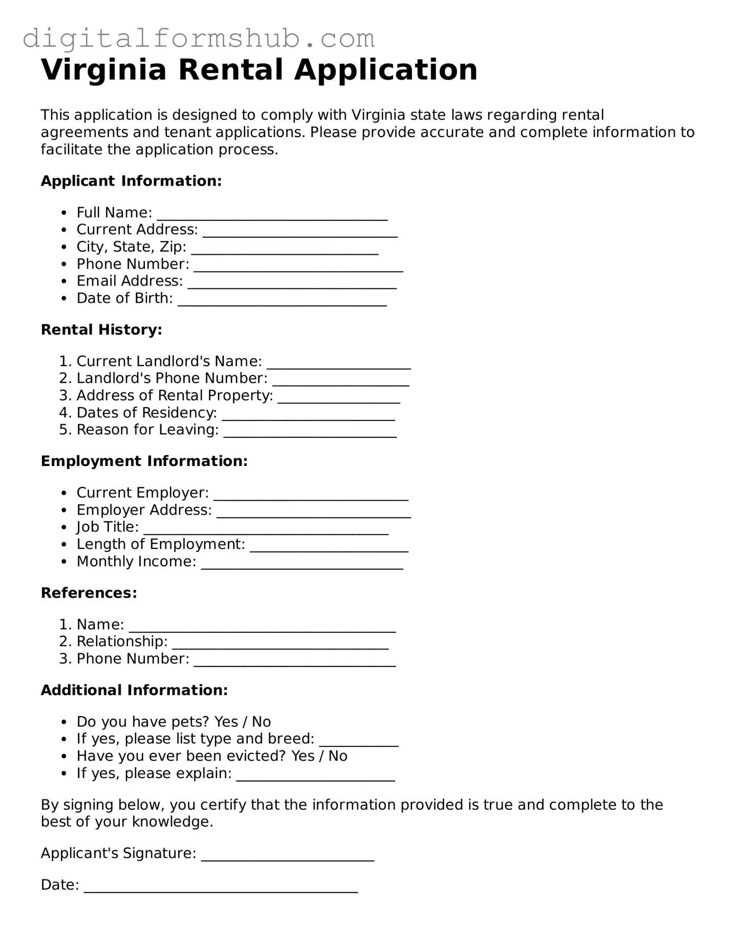 Official Rental Application Template for the State of Virginia