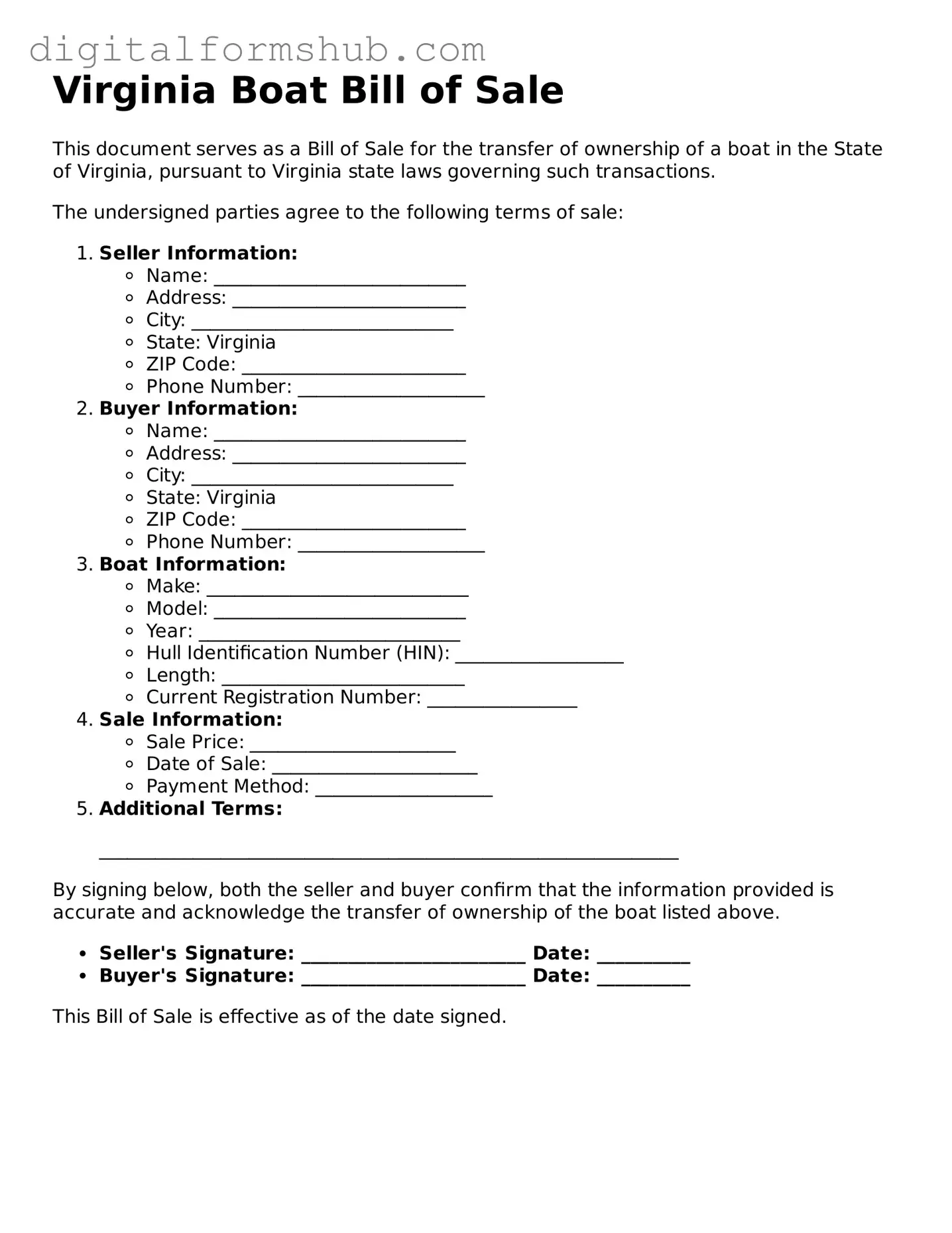 Official Boat Bill of Sale Template for the State of Virginia