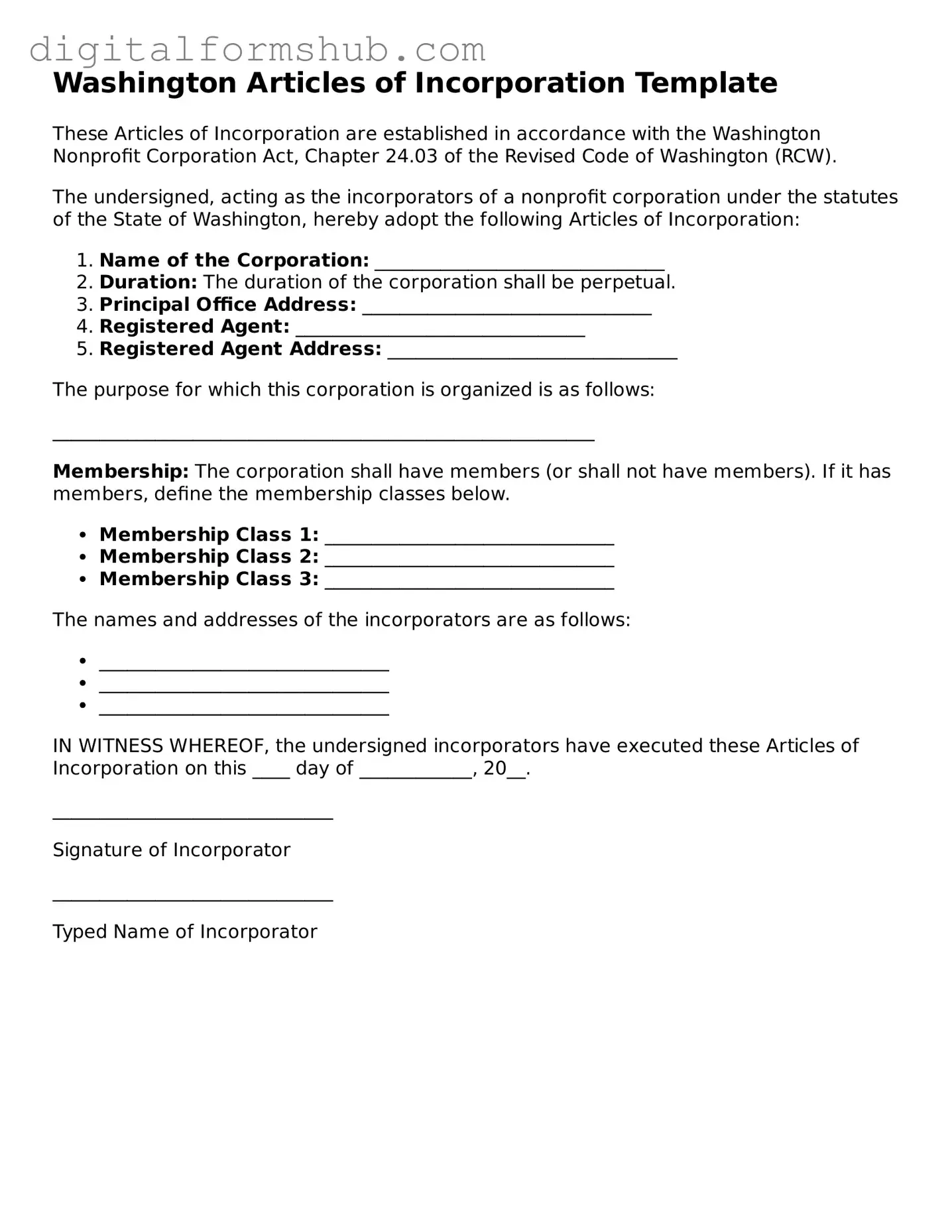 Official Articles of Incorporation Template for the State of Washington