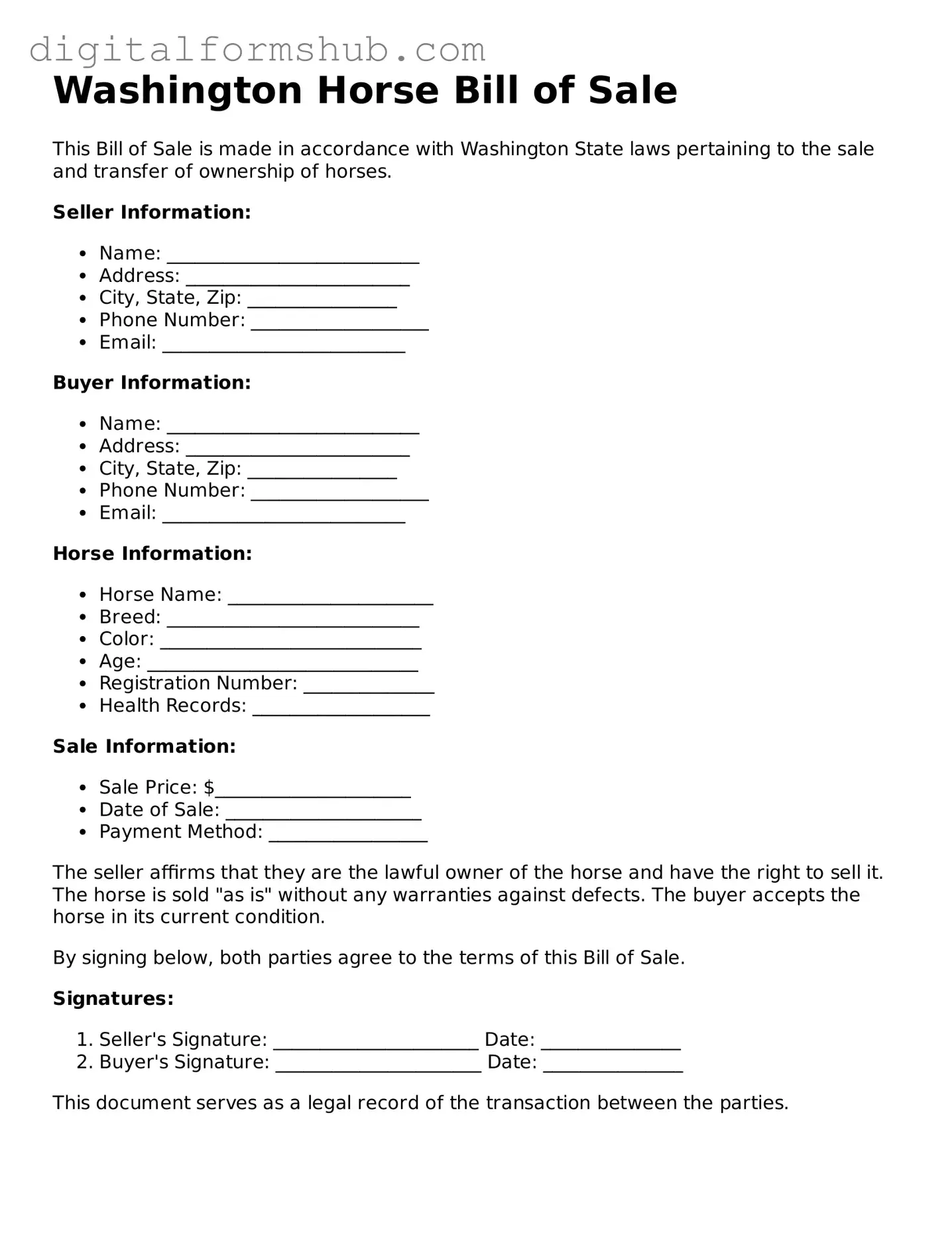 Official Horse Bill of Sale Template for the State of Washington
