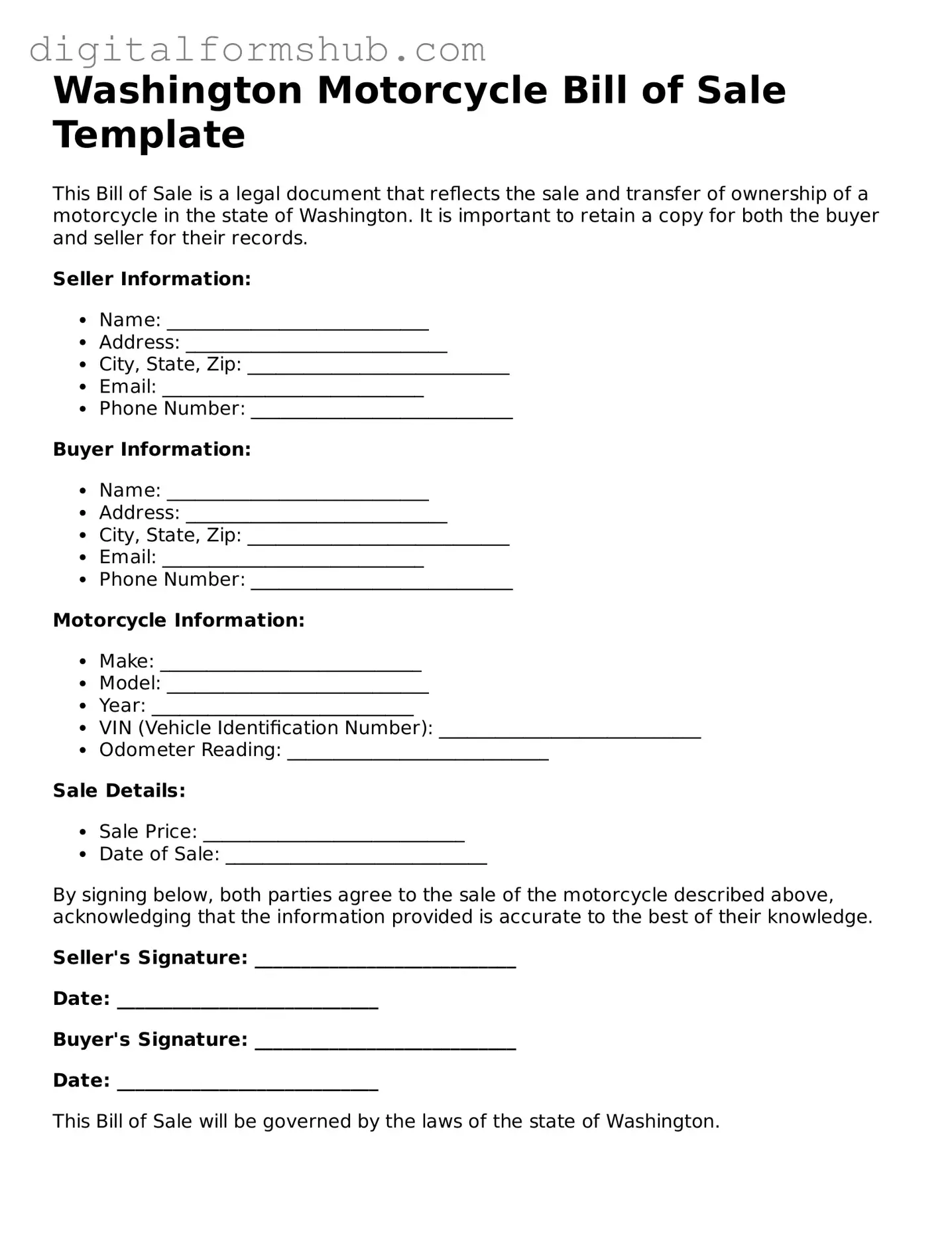 Official Motorcycle Bill of Sale Template for the State of Washington