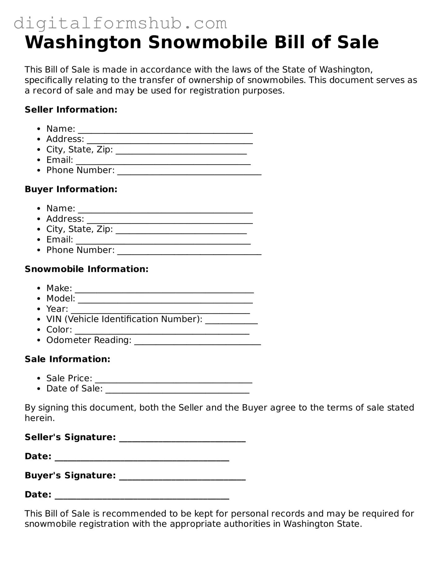 Official Snowmobile Bill of Sale Template for the State of Washington