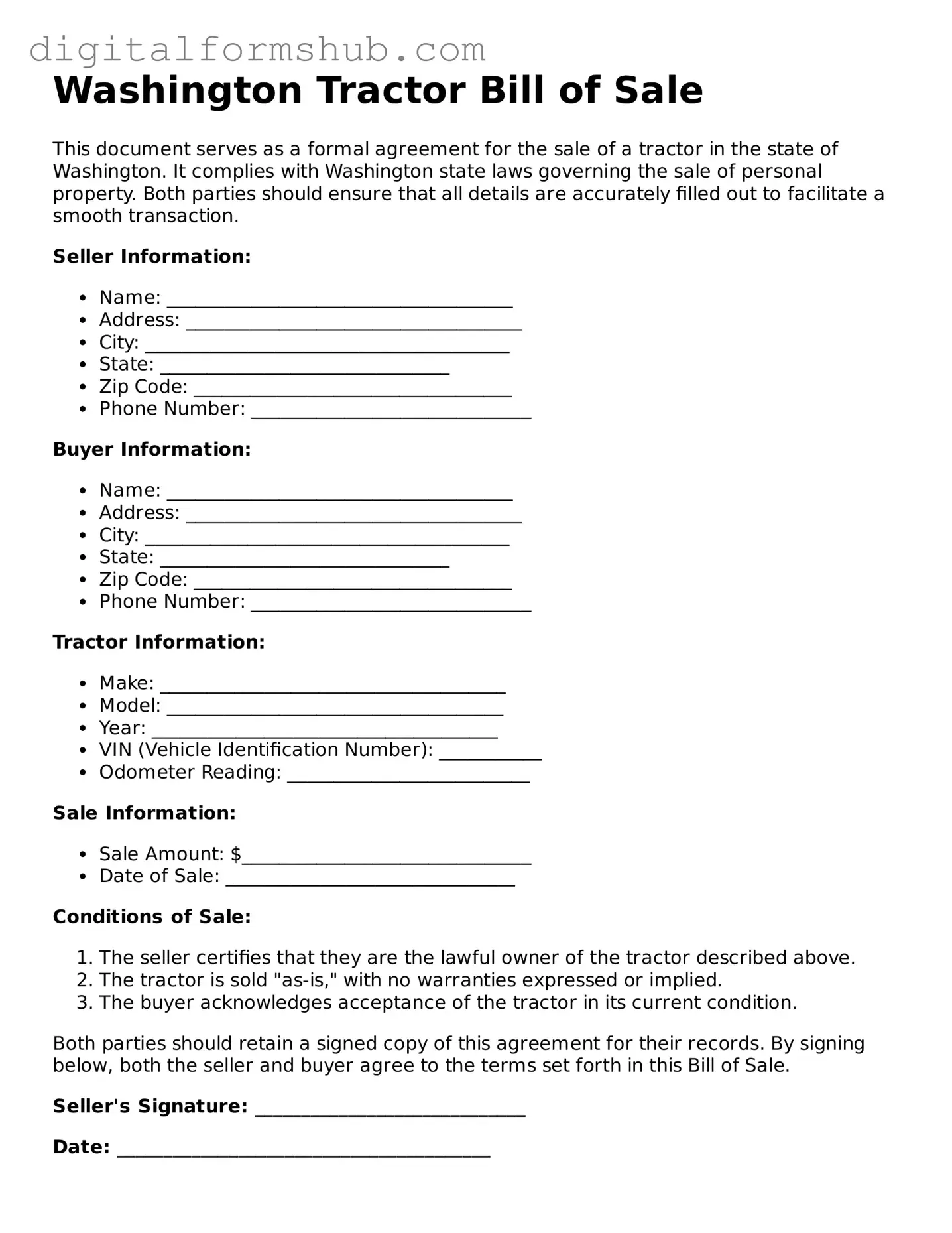 Official Tractor Bill of Sale Template for the State of Washington