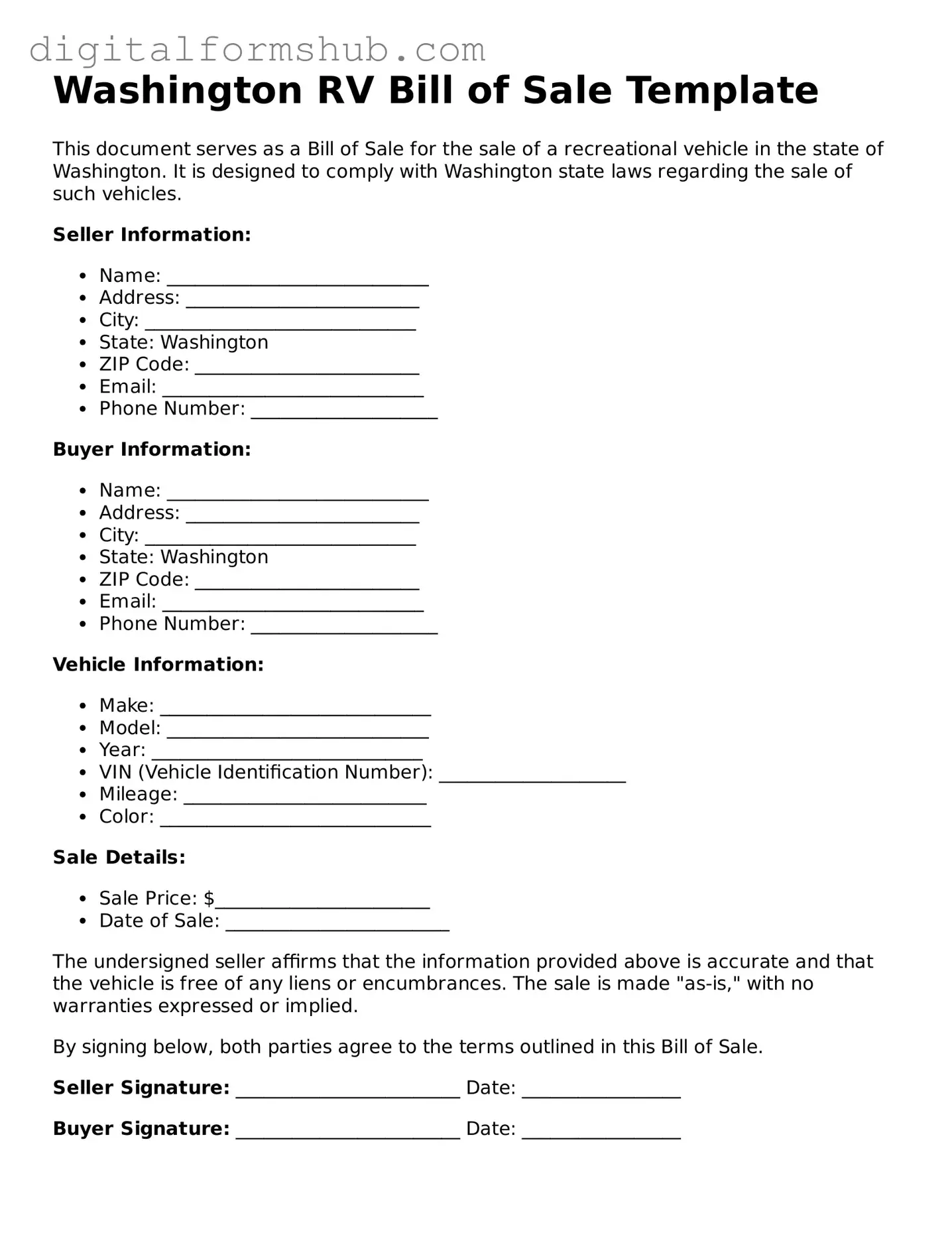 Official RV Bill of Sale Template for the State of Washington
