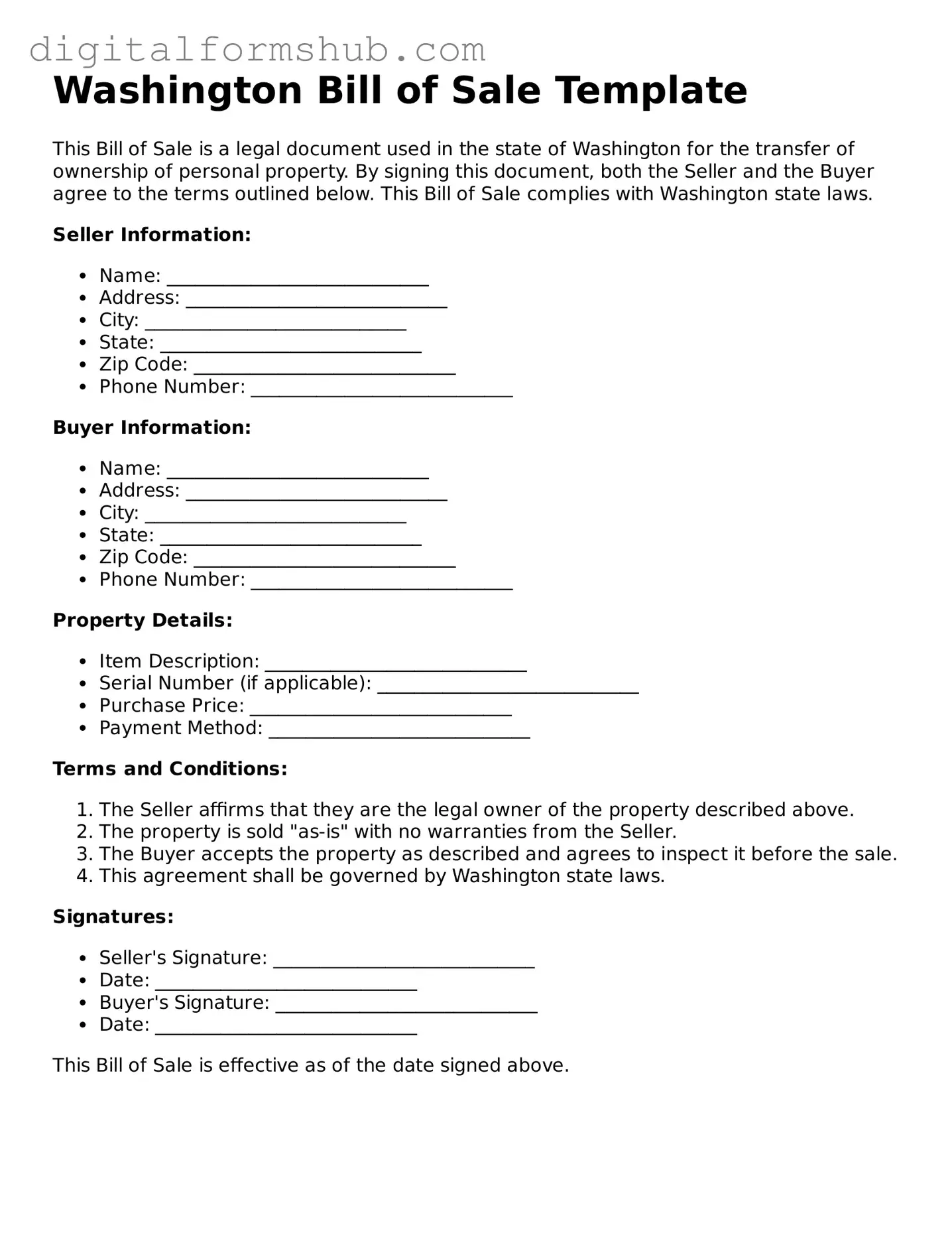 Official Bill of Sale Template for the State of Washington