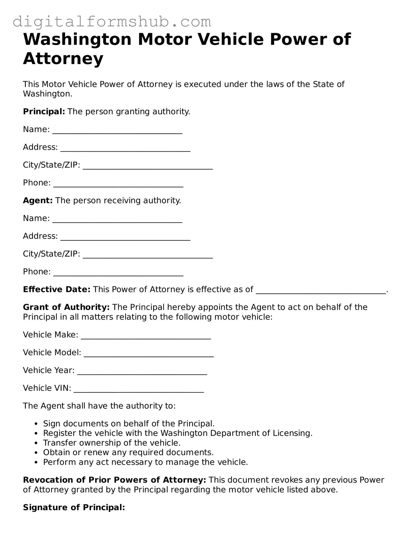 Official Motor Vehicle Power of Attorney Template for the State of Washington
