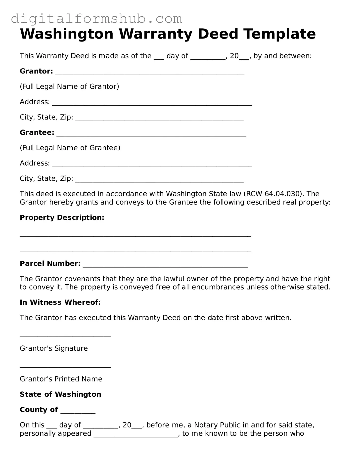 Official Deed Template for the State of Washington