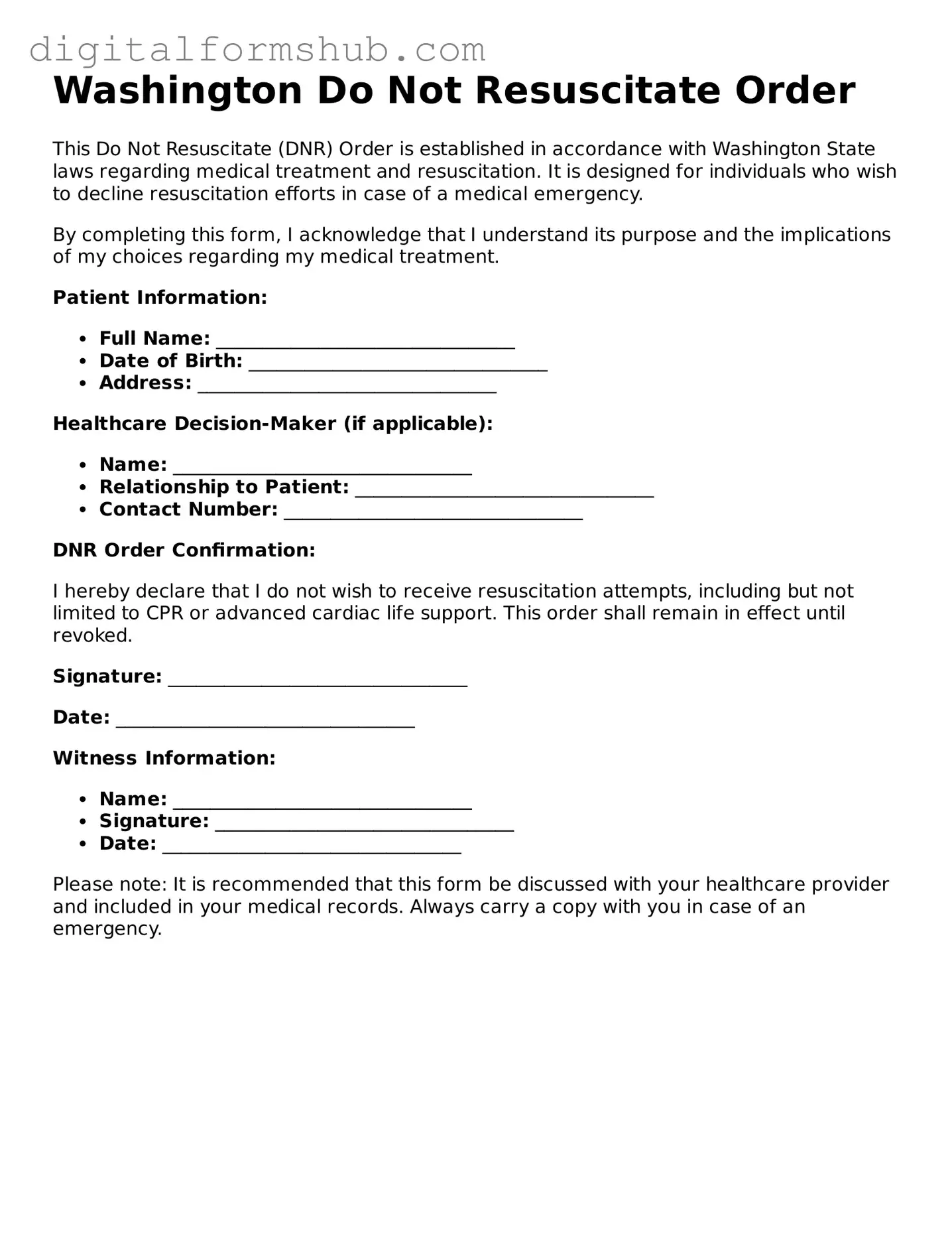 Official Do Not Resuscitate Order Template for the State of Washington