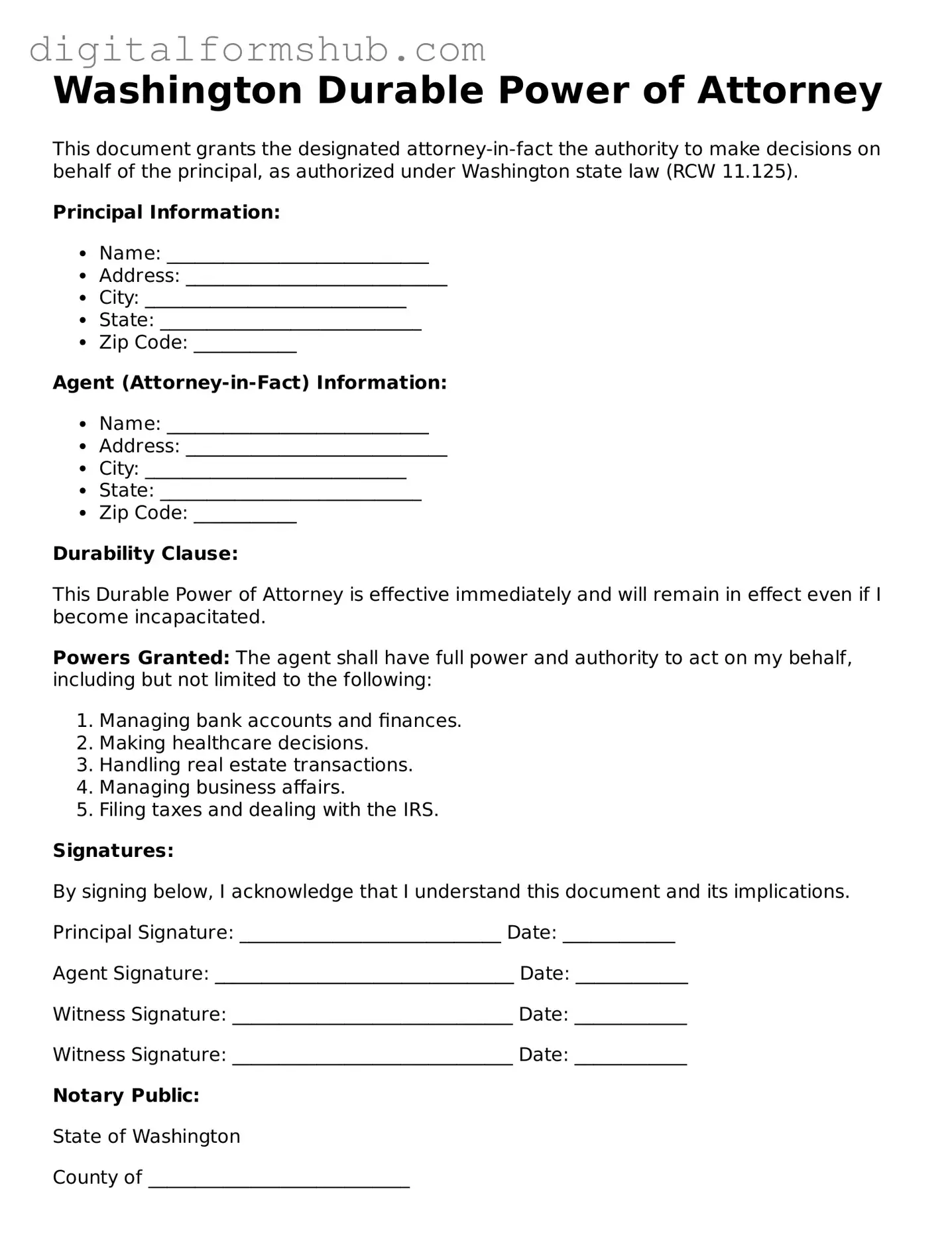 Official Durable Power of Attorney Template for the State of Washington
