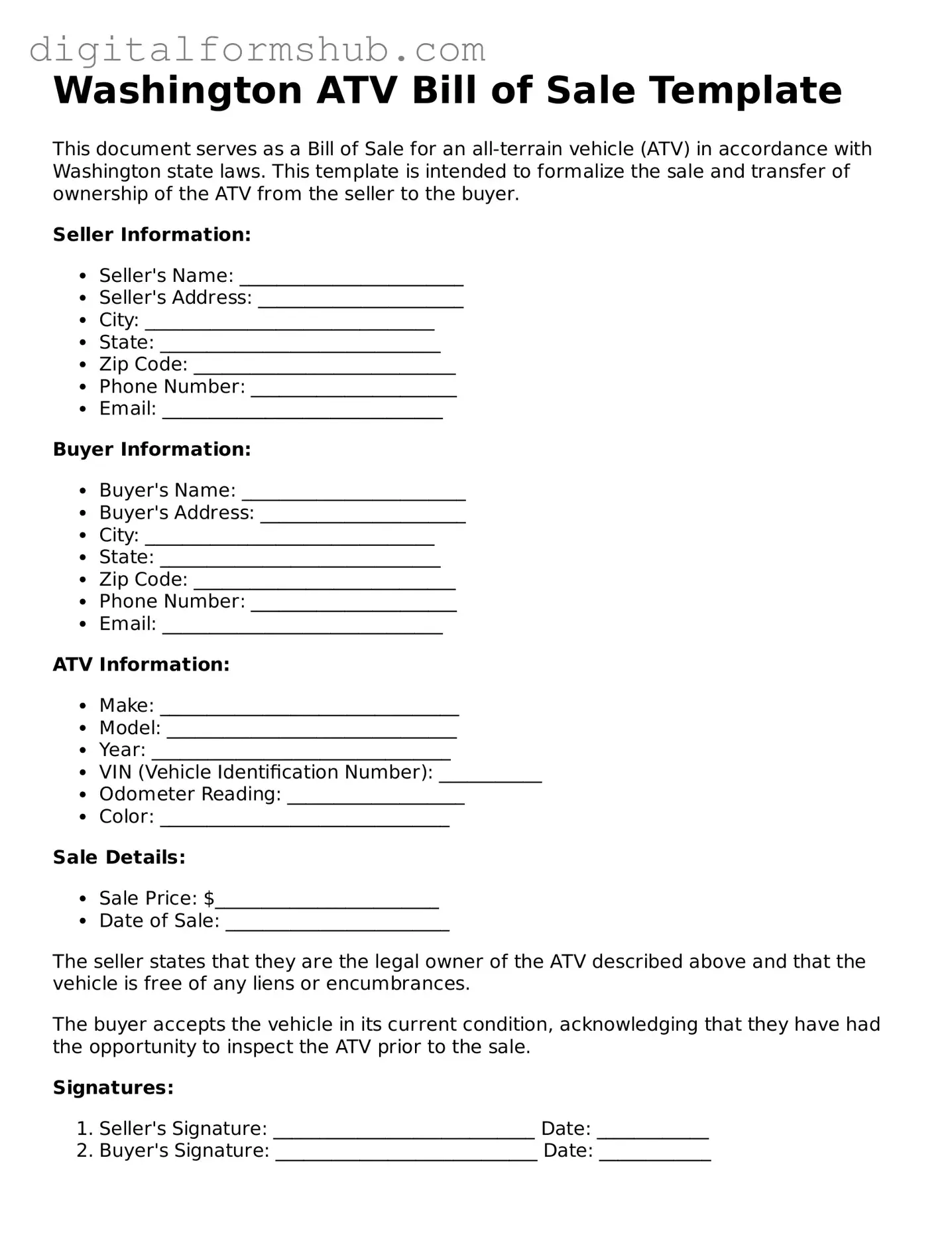 Official ATV Bill of Sale Template for the State of Washington
