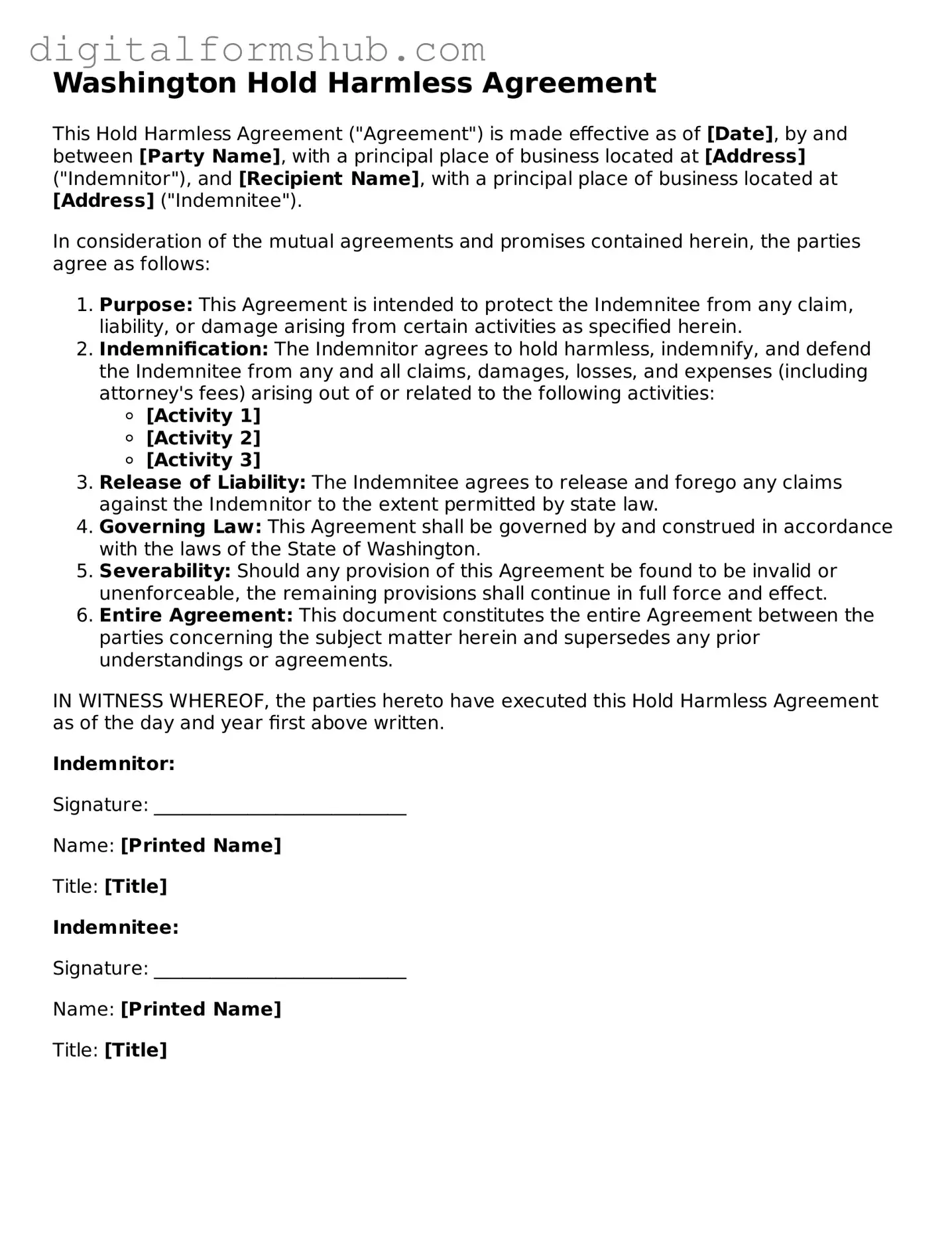 Official Hold Harmless Agreement Template for the State of Washington