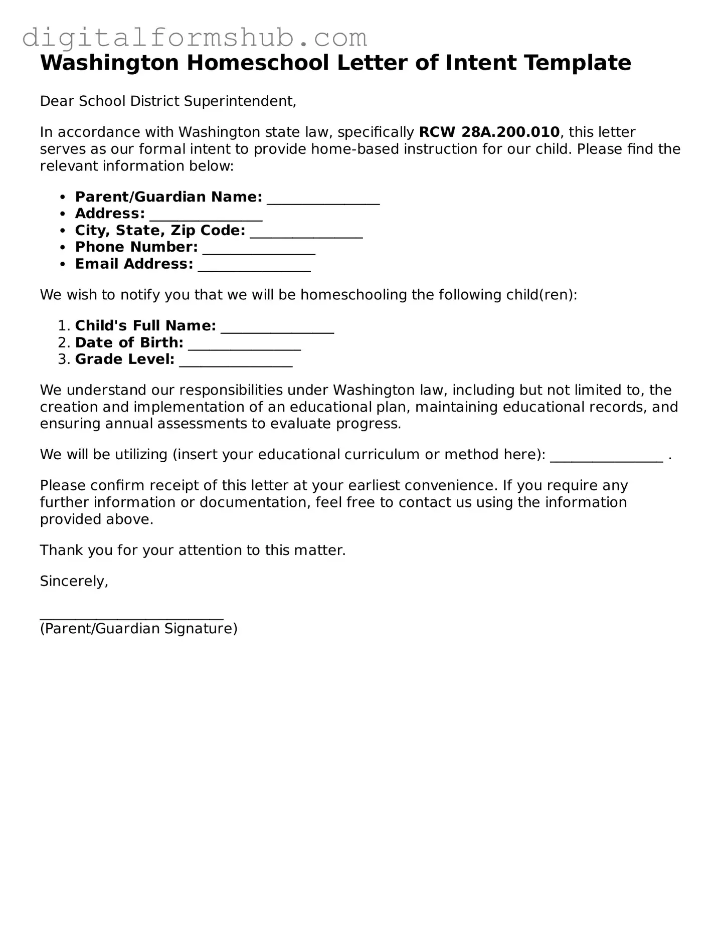 Official Homeschool Letter of Intent Template for the State of Washington