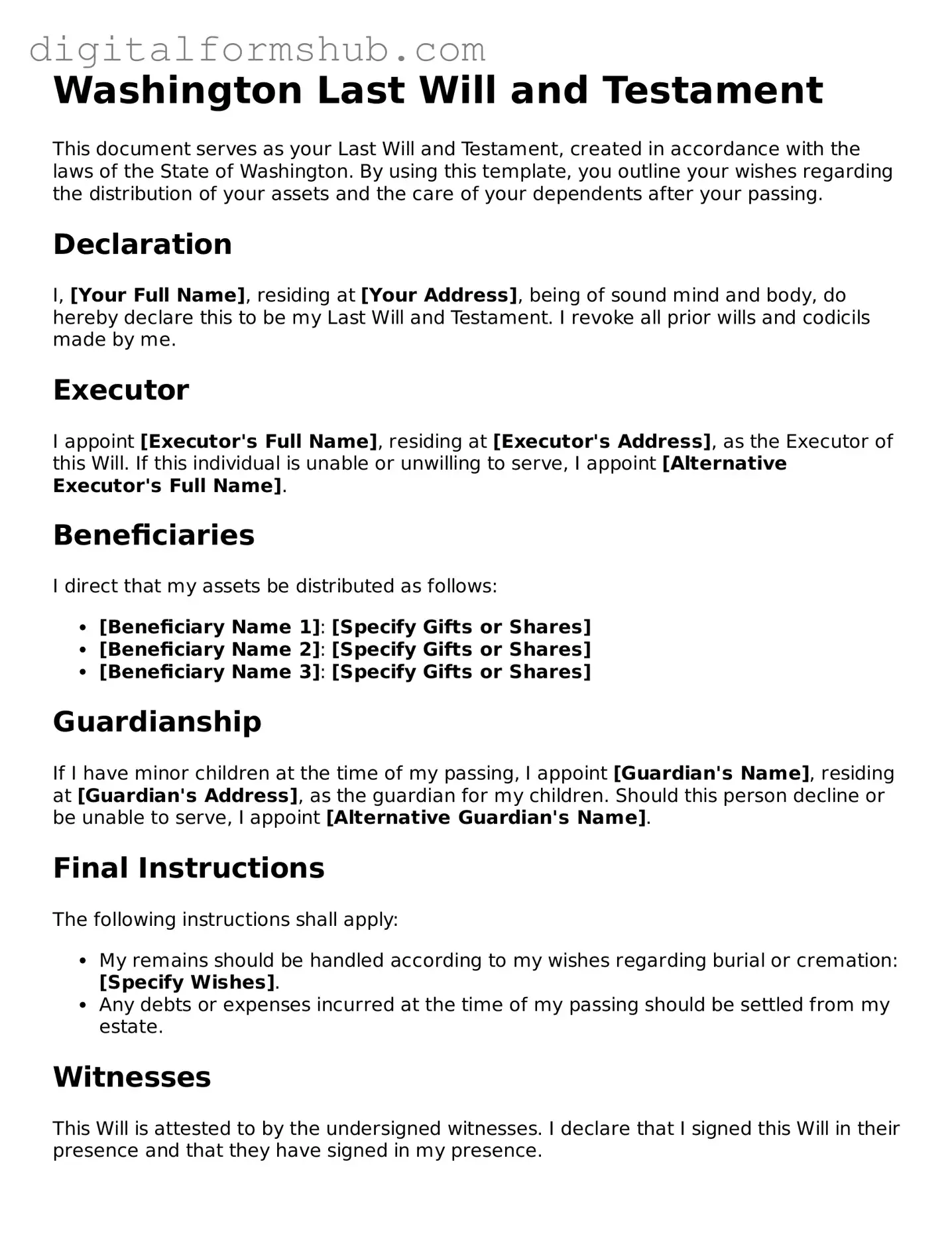Official Last Will and Testament Template for the State of Washington