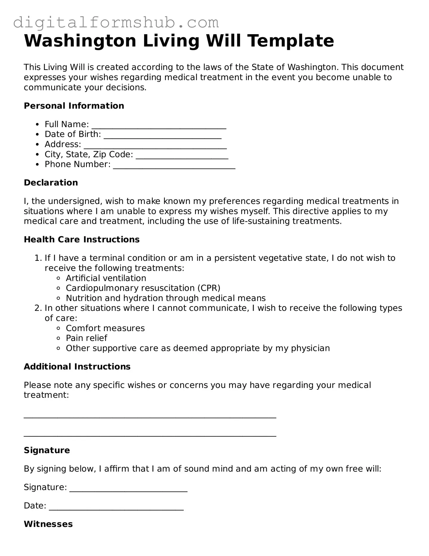 Official Living Will Template for the State of Washington