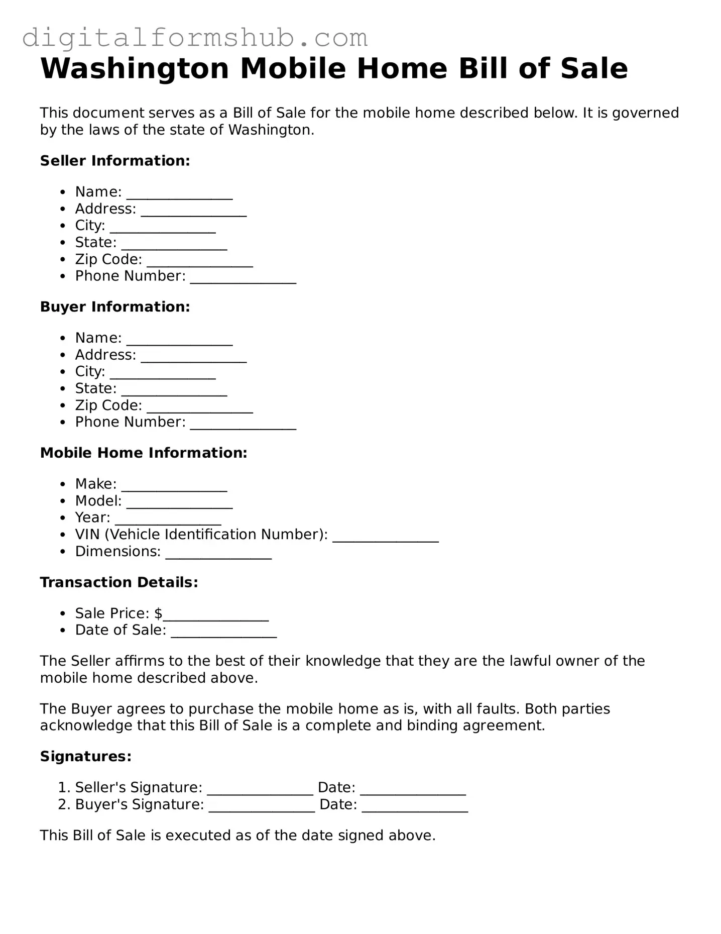 Official Mobile Home Bill of Sale Template for the State of Washington