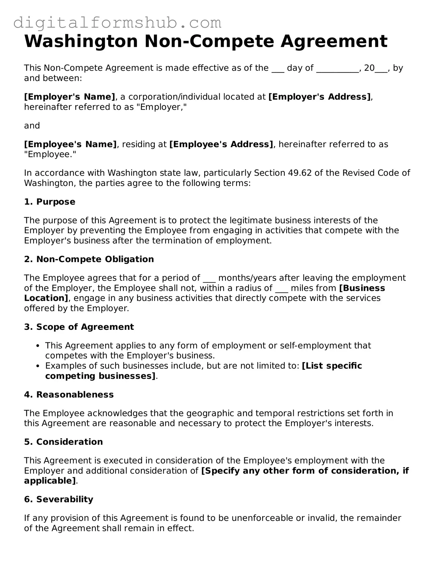 Official Non-compete Agreement Template for the State of Washington