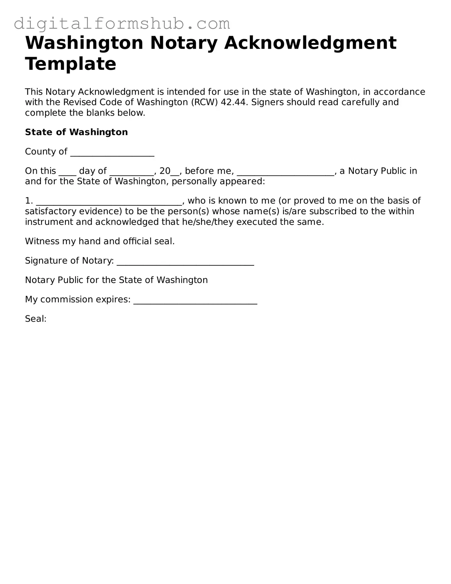 Official Notary Acknowledgement Template for the State of Washington