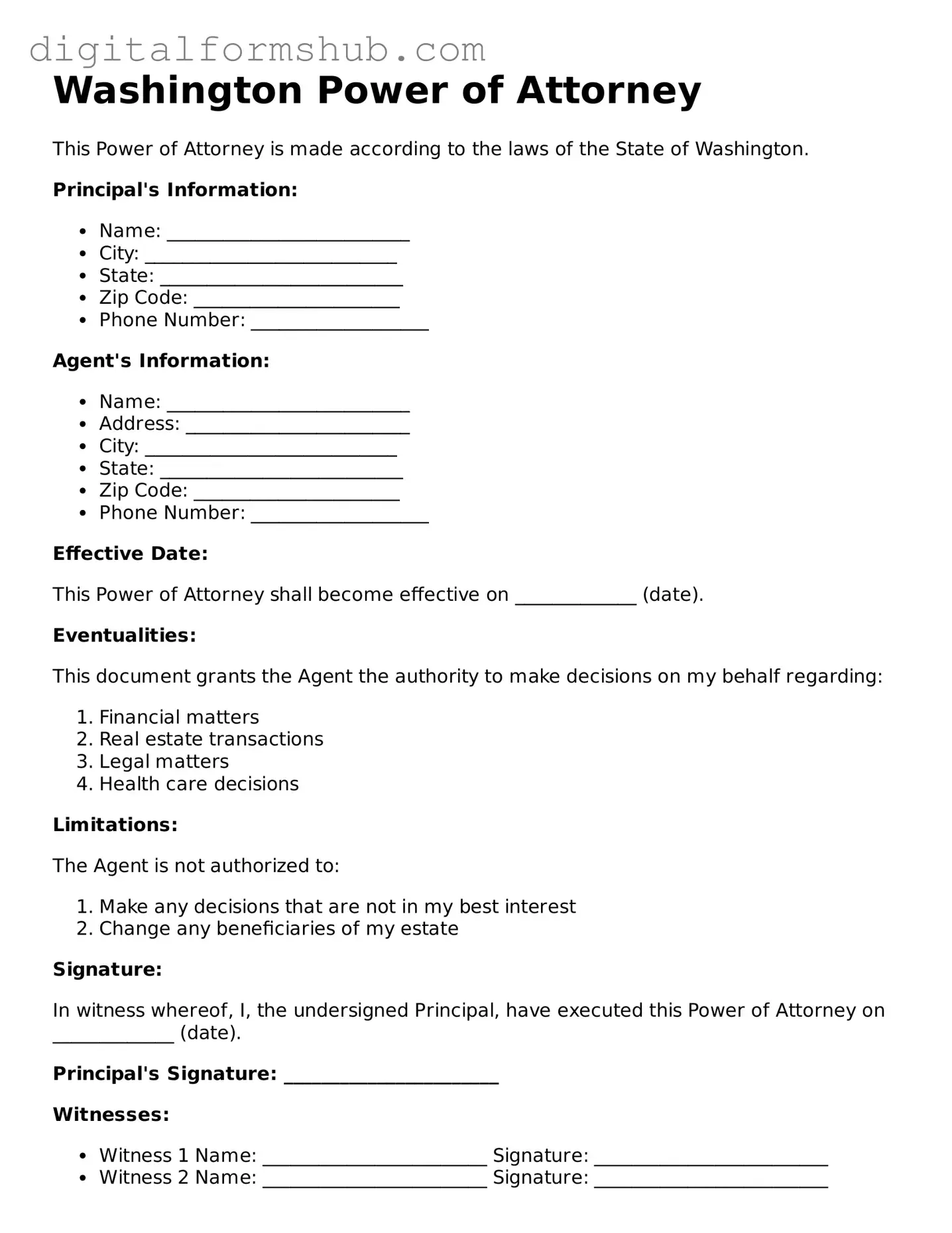 Official Power of Attorney Template for the State of Washington