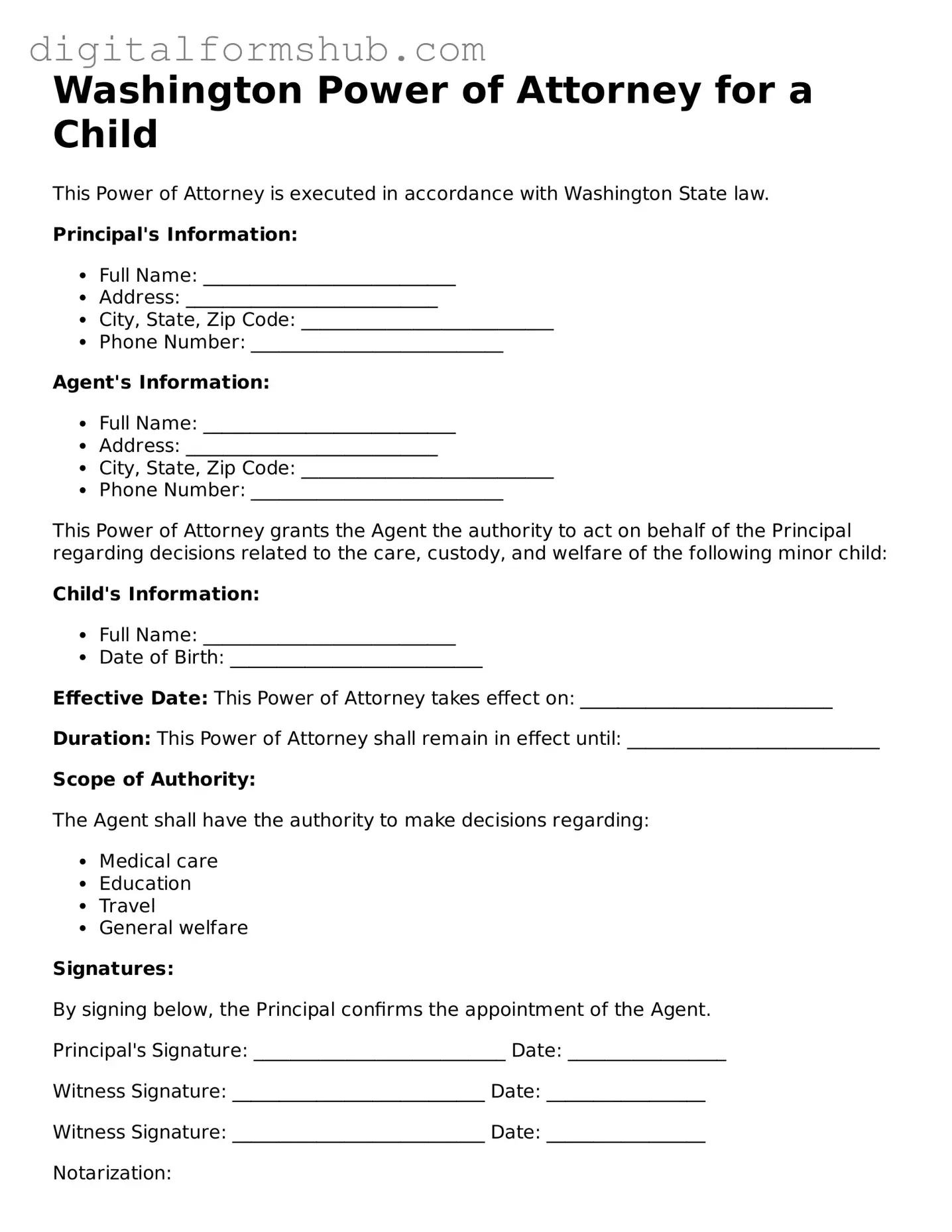 Official Power of Attorney for a Child Template for the State of Washington