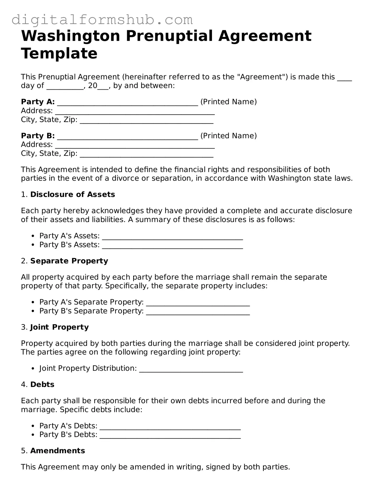 Official Prenuptial Agreement Template for the State of Washington