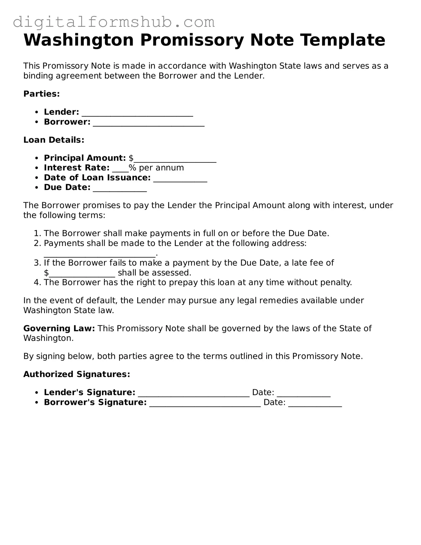 Official Promissory Note Template for the State of Washington