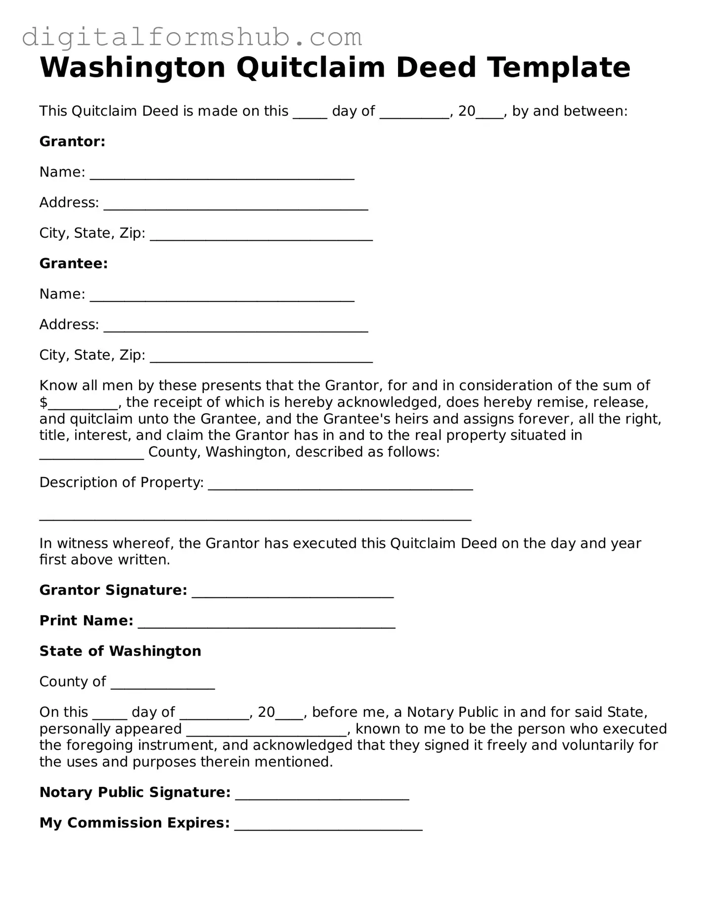Official Quitclaim Deed Template for the State of Washington