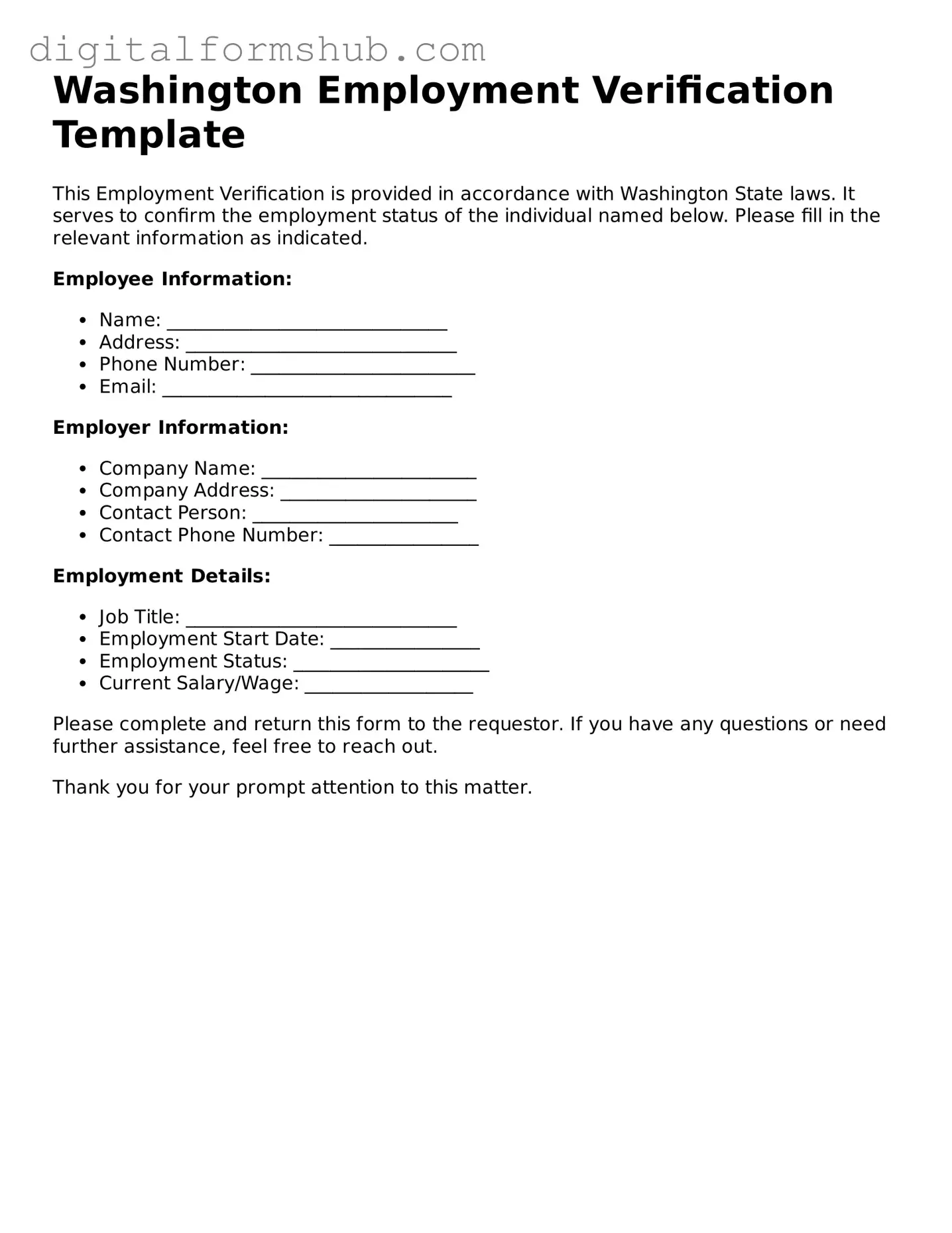 Official Employment Verification Template for the State of Washington