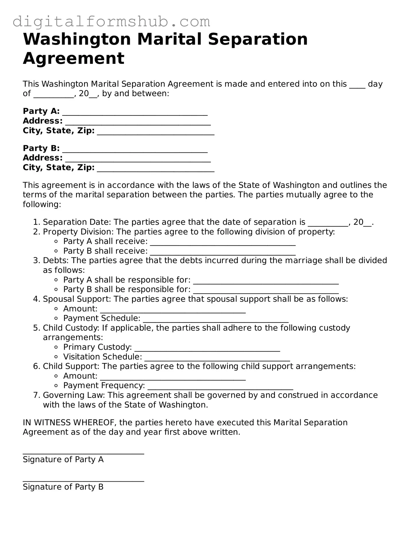 Official Marital Separation Agreement Template for the State of Washington