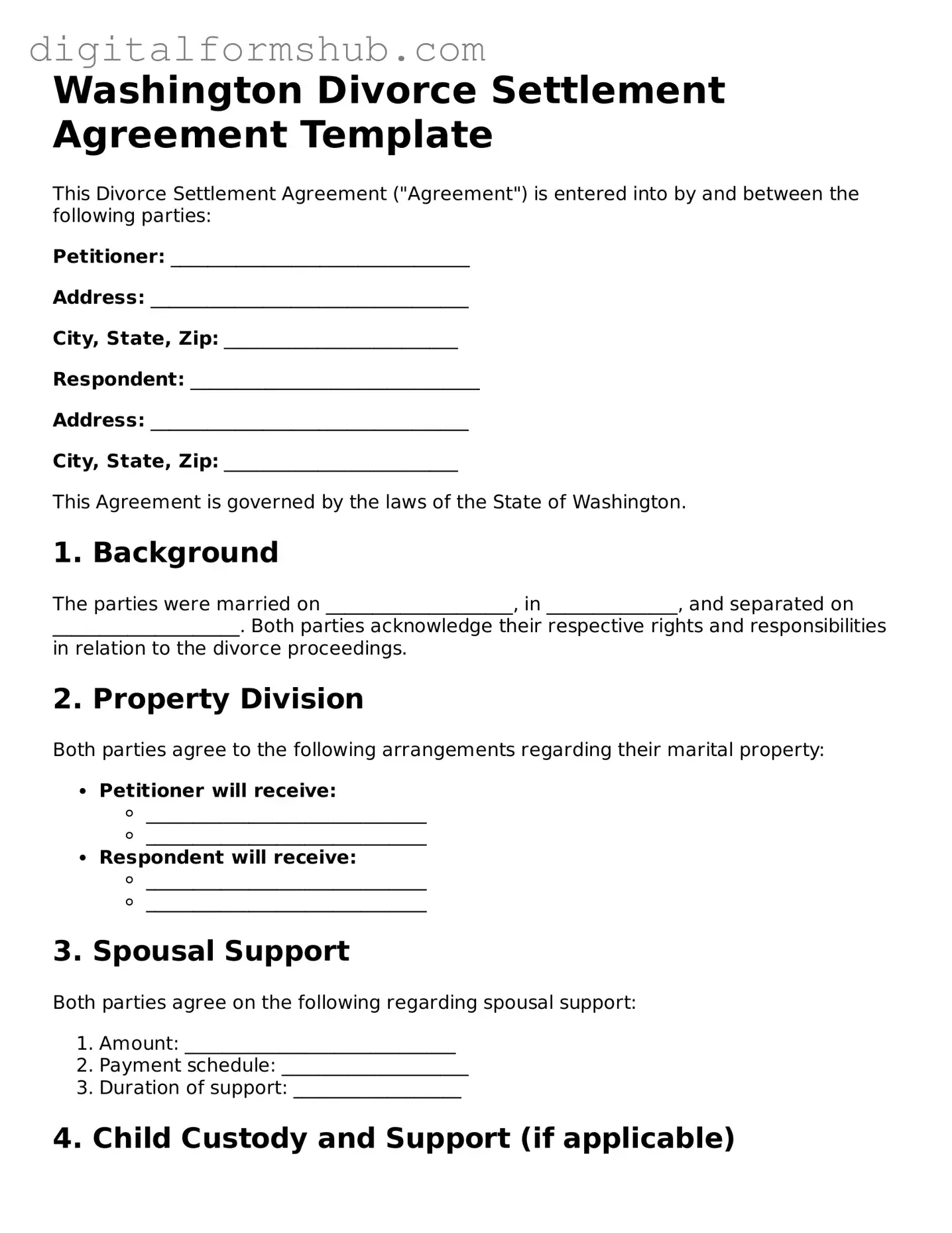 Official Divorce Settlement Agreement Template for the State of Washington