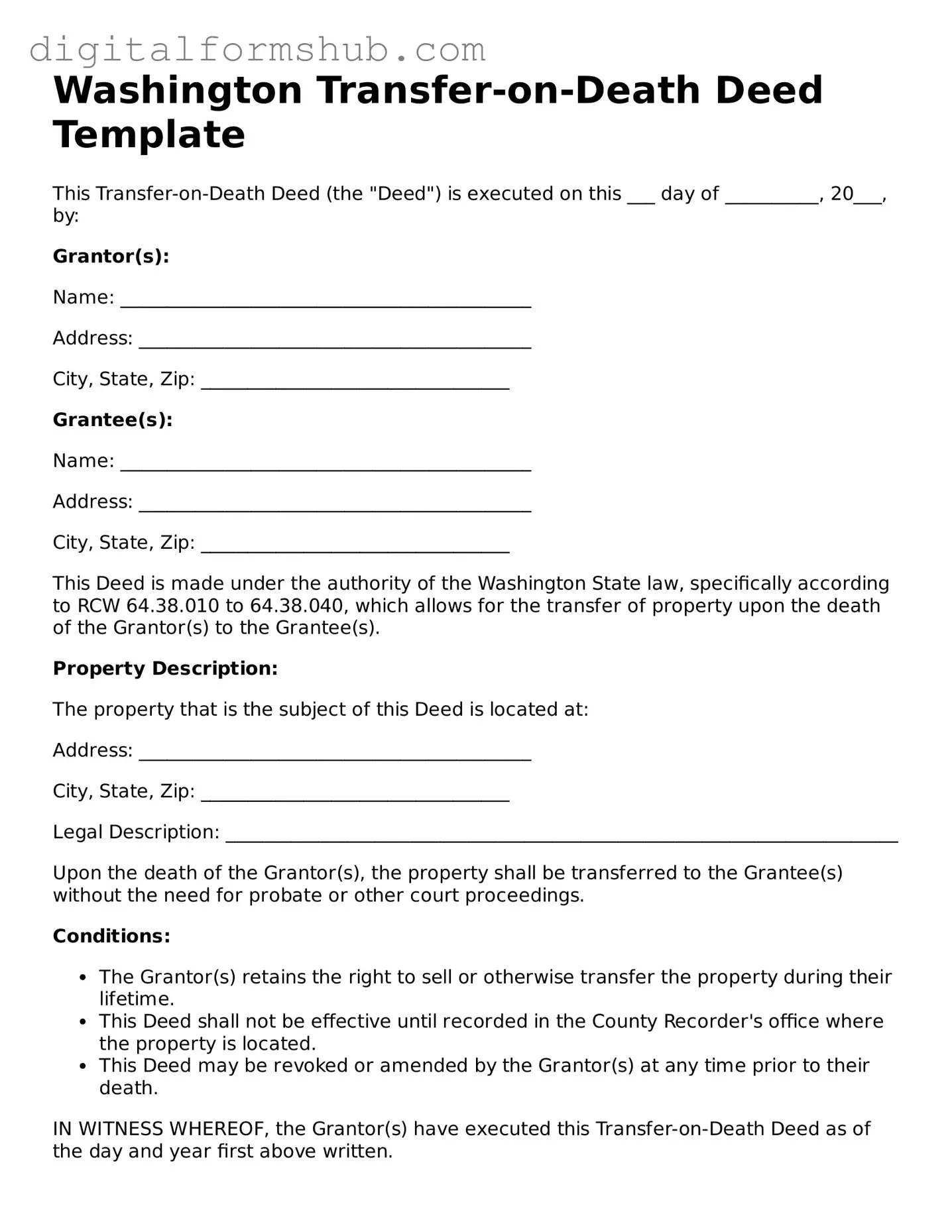 Official Transfer-on-Death Deed Template for the State of Washington