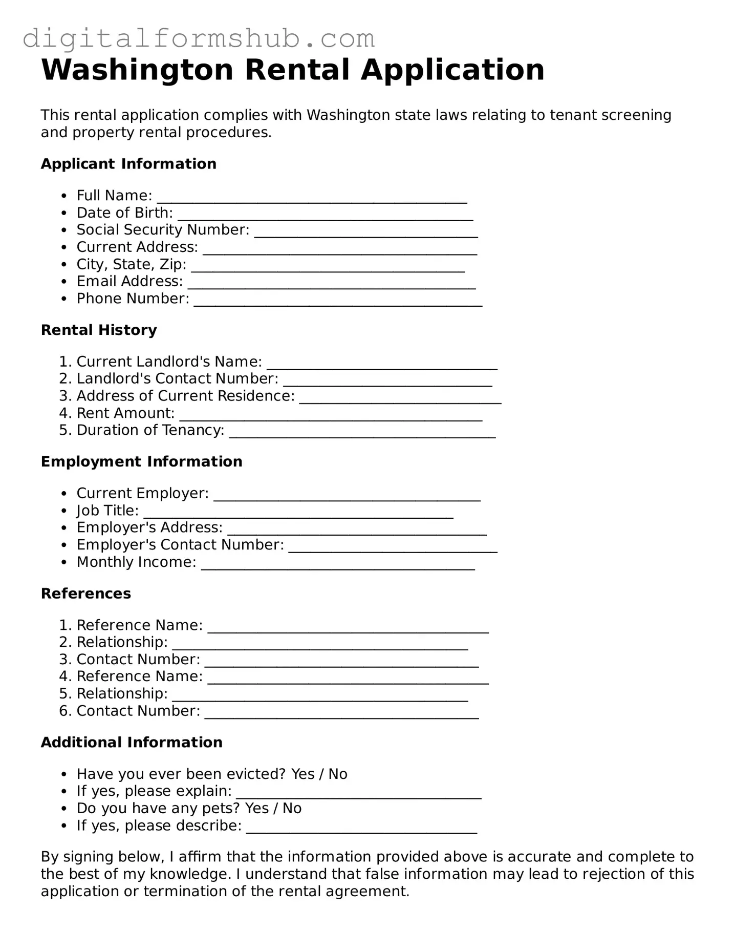 Official Rental Application Template for the State of Washington