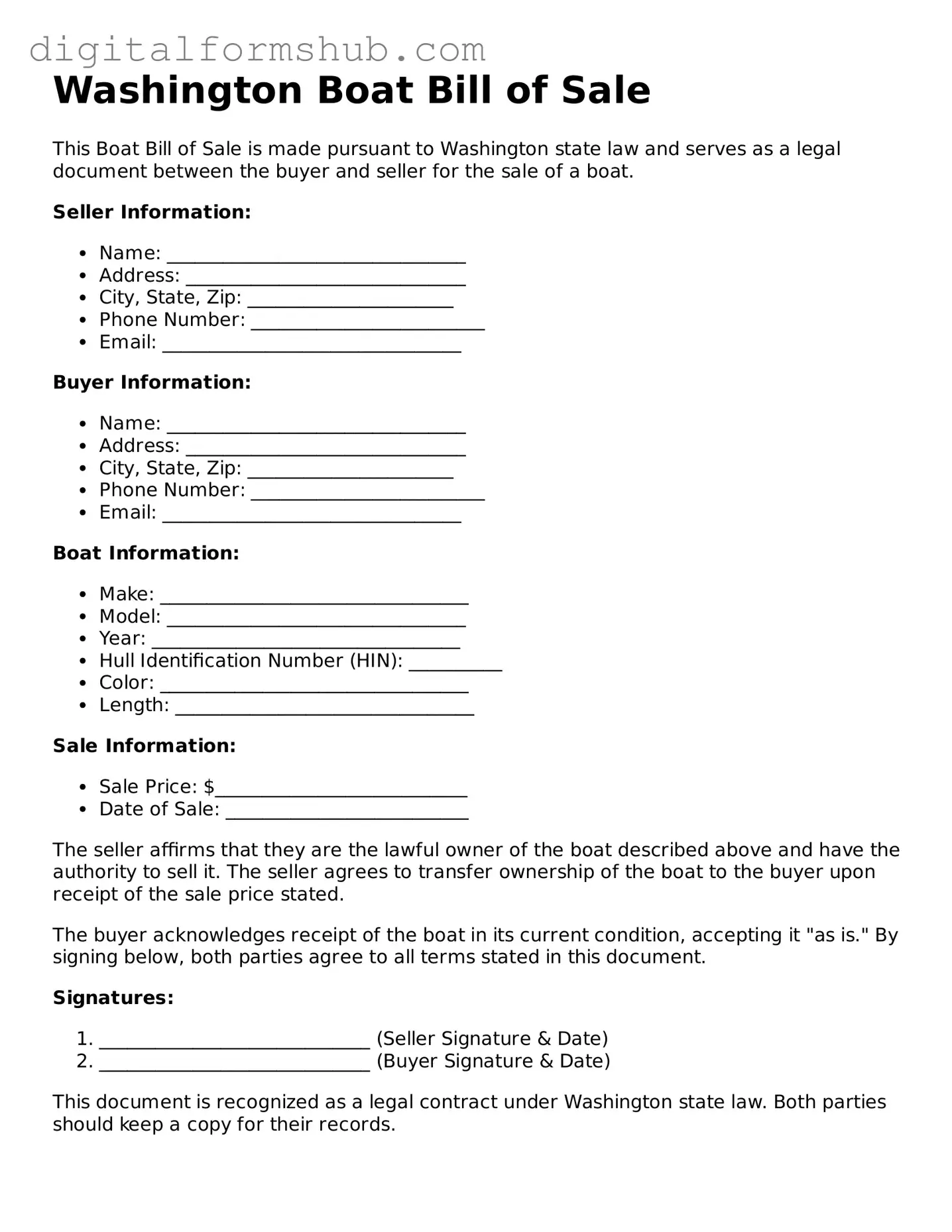 Official Boat Bill of Sale Template for the State of Washington