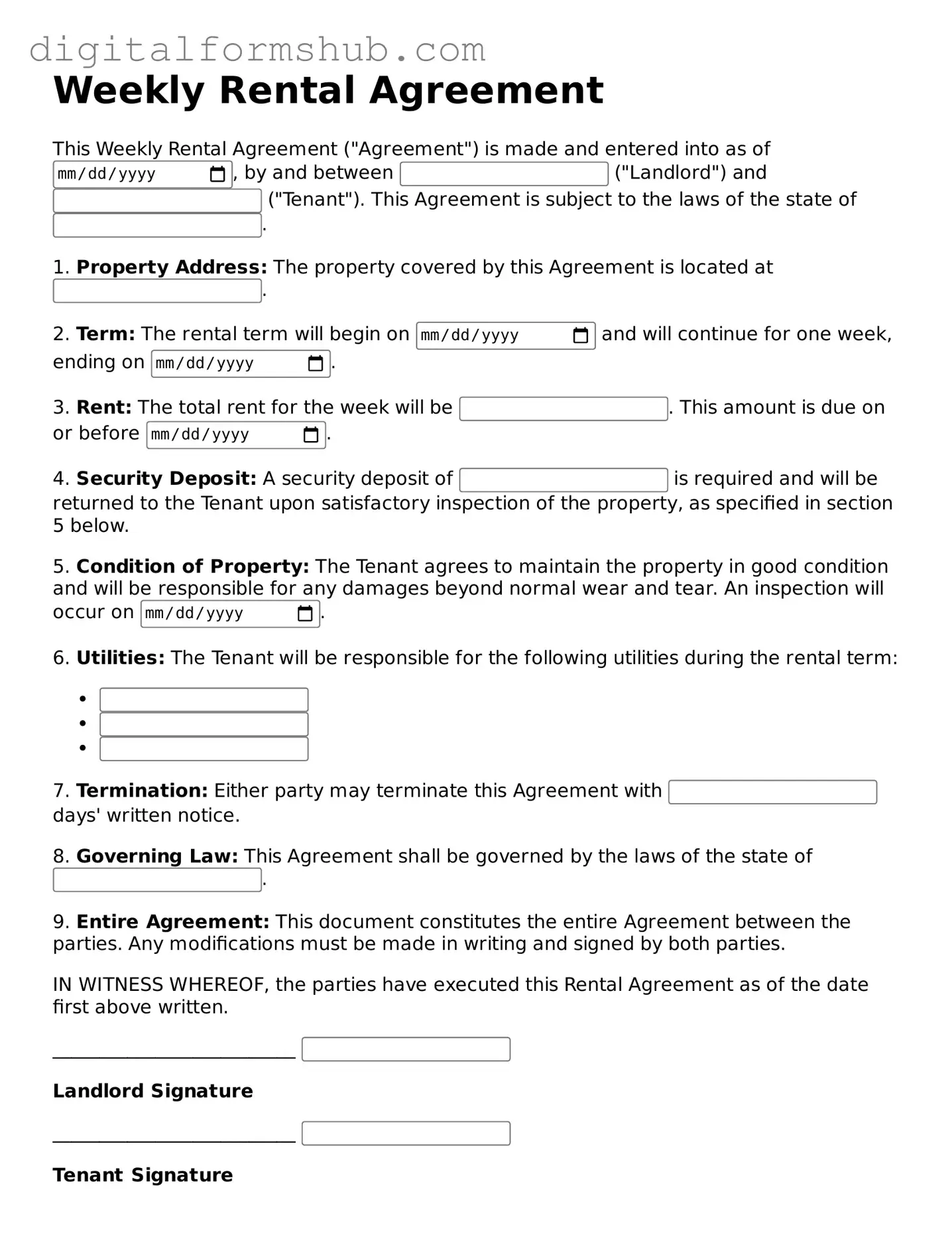 Valid Weekly Rental Agreement Document