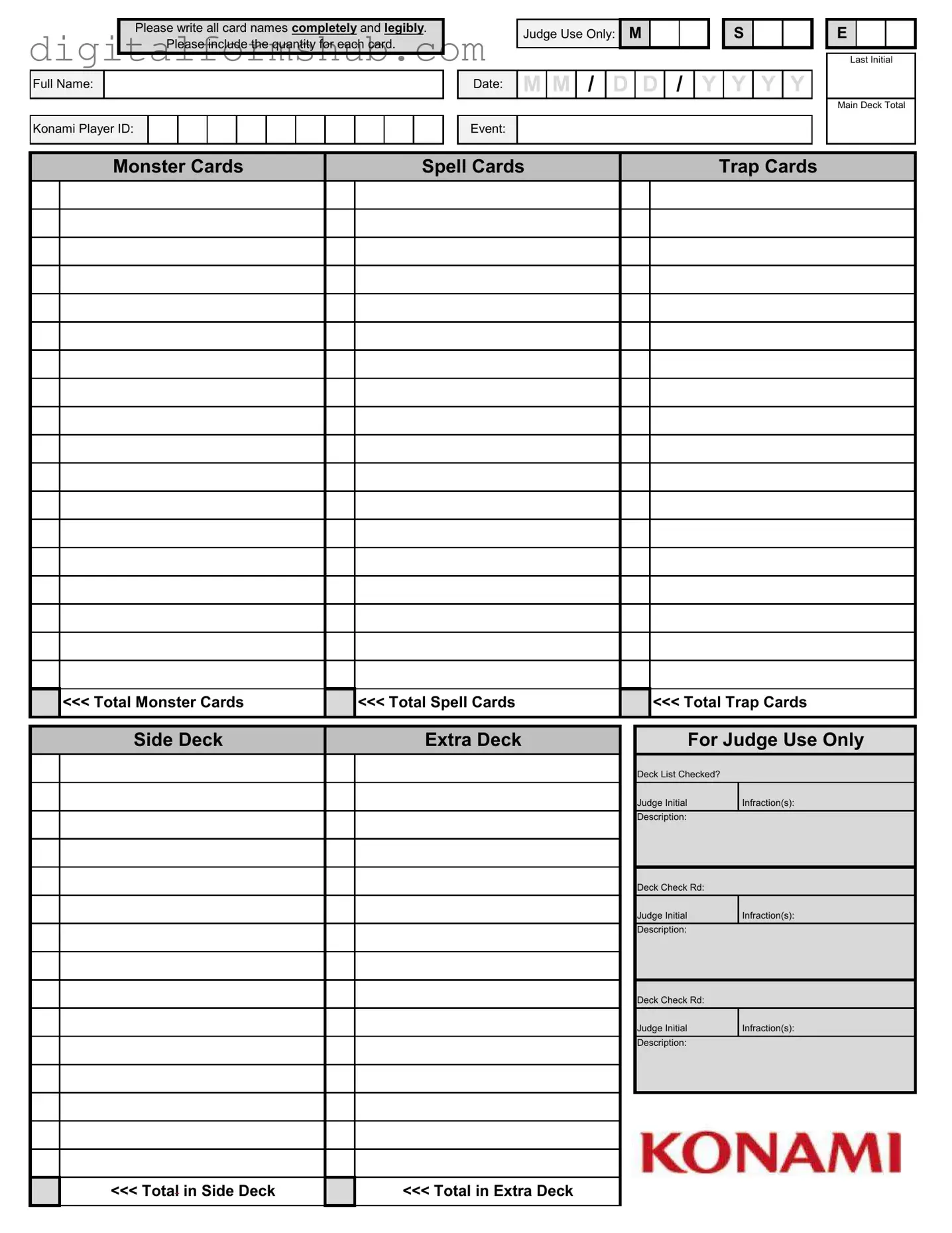 Free Konami Decklist Form in PDF